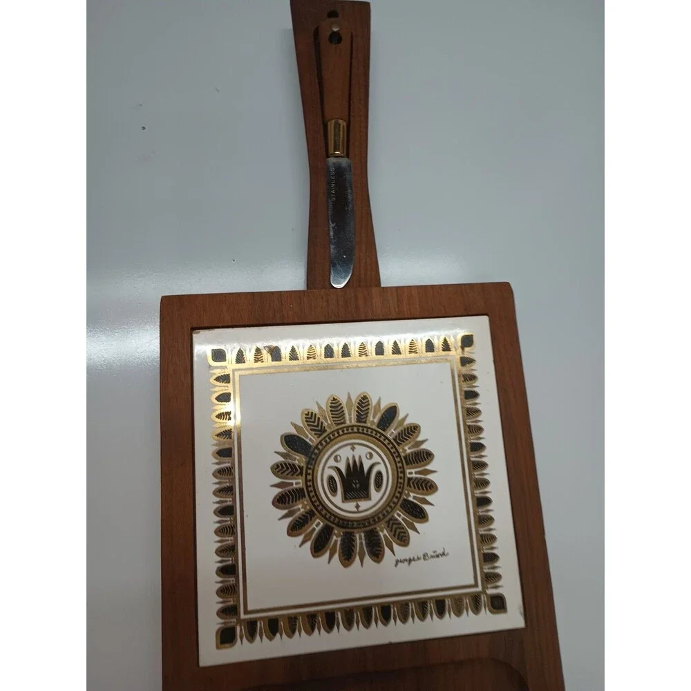 Vtg George Briard Woodland Teak And Tile Cheese Board With Knife Charcuterie